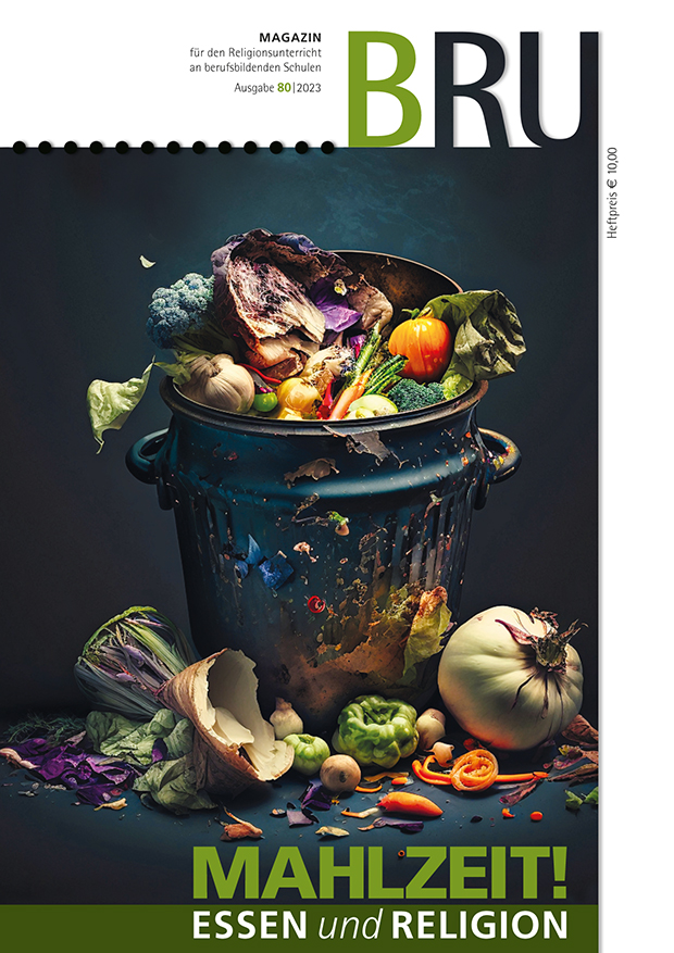 Metalleimer klein mit Obst- und Gemüseresten, Titel: Mahlzeit! - Essen und Religion